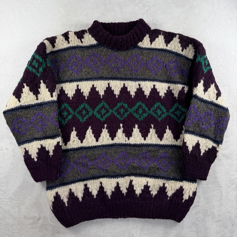 Vtg 100% Wool Sweater Men's M Ecuador Hand Knit Tribal Aztec Coogi Tweed Chunky